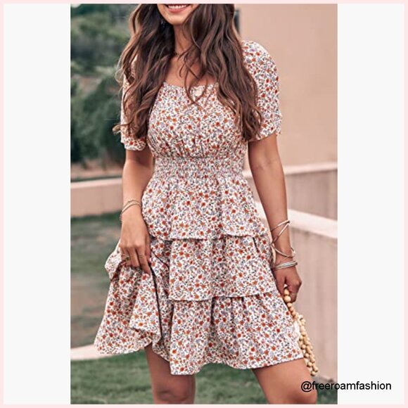 Floral Square Neck Tiered Ruffle Boho Swing Dress Short Sleeve Summer - Picture 6 of 7
